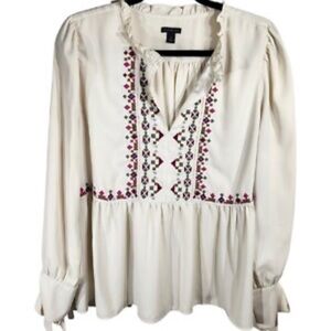 Ann Taylor Cream Blouse with Pink Embroidery, size XL, bows, puff sleeve, dainty